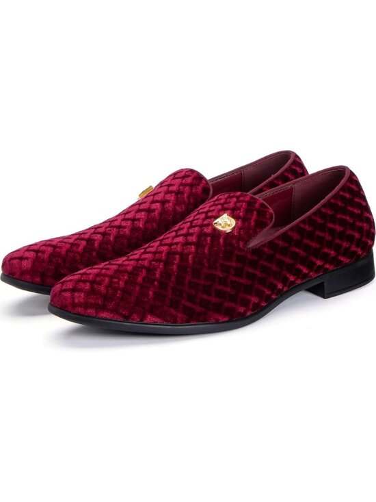 REIHUANNE Men\'s Burgundy Velvet Penny Loafer Suede Slip On Smoking Wedding Shoes